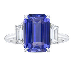 3 Stein Blauer Saphir Ring Smaragd & Trapezoid Aus der Erde Abgebauter Natürlicher Diamanten 3,50 Karat