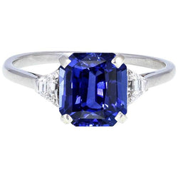 3 Stein Blauer Saphir Ring Smaragd & Trapezoid Aus der Erde Abgebauter Natürlicher Diamanten 3,50 Karat