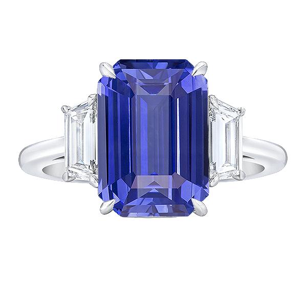 3 Stein Blauer Saphir Ring Smaragd & Trapezoid Diamanten 3,50 Karat - harrychadent.de