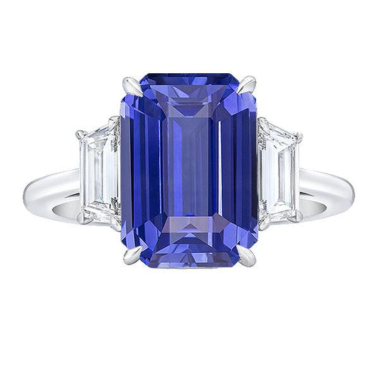 3 Stein Blauer Saphir Ring Smaragd & Trapezoid Diamanten 3,50 Karat - harrychadent.de