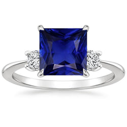 3 Stein Aus der Erde Abgebauter Natürlicher Diamant & Prinzessin Blauer Saphir Ring Konischer Schaft 5,50 Karat