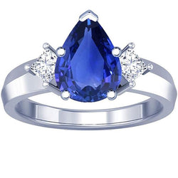 3-Stein-Jubiläumsring Birne Ceylon Saphir & Aus der Erde Abgebauter Natürlicher Diamanten 3,50 Karat