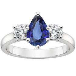 3-Stein-Jubiläumsring Birne Ceylon Saphir & Aus der Erde Abgebauter Natürlicher Diamanten 4,50 Karat
