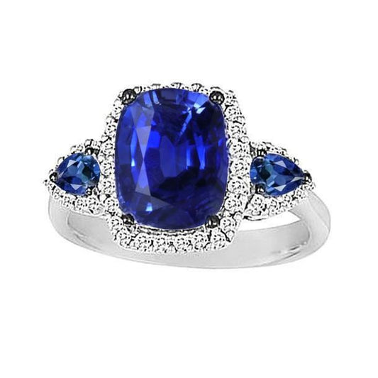 3-Stein-Stil Kissen Ceylon Saphir Aus der Erde Abgebauter Natürlicher Diamantring Gold 7.25 Karat