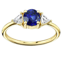 3 Stein Trilliant Aus der Erde Abgebauter Natürlicher Diamant Ring 2 Karat Gelbgold Ceylon Saphir