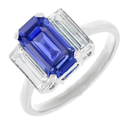 3 Steine Baguette Aus der Erde Abgebauter Natürlicher Diamant Blauer Saphir Smaragdschliff Ring 3,50 Karat