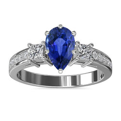 3 Steine Blauer Saphir Ring Prinzessin & Runder Aus der Erde Abgebauter Natürlicher Diamant Akzent 3.50 Karat