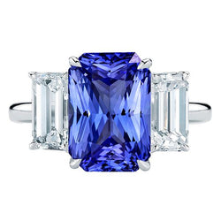 3 Steine Blauer Saphir Ring Smaragdschliff Diamanten Krappenset 5,50 Karat