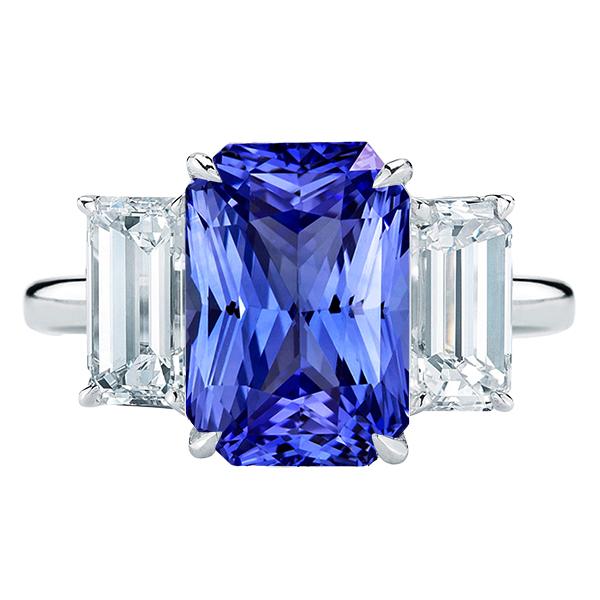 3 Steine Blauer Saphir Ring Smaragdschliff Diamanten Krappenset 5,50 Karat - harrychadent.de