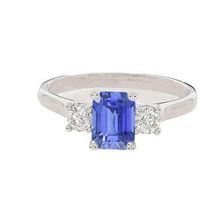 3 Steine Blauer Saphir Smaragd & Runder Aus der Erde Abgebauter Natürlicher Diamant Ring 2,50 Karat