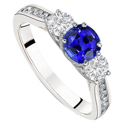 3 Steine Edelstein Ring Kissen Saphir & Aus der Erde Abgebauter Natürlicher Diamanten 3,50 Karat