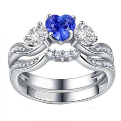 3 Steine Ehering Set Herz Blauer Saphir & Runde Aus der Erde Abgebauter Natürlicher Diamanten 3 Karat