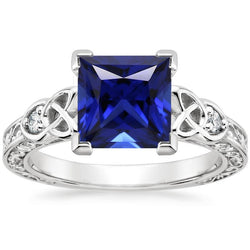 3 Steine Ring 5,25 Karat Filigrane Prinzessin Blauer Saphir & Aus der Erde Abgebauter Natürlicher Diamant Neu