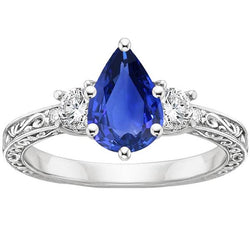 3 Steine Ring Antiker Stil Birne Blauer Saphir & Aus der Erde Abgebauter Natürlicher Diamanten 3.50 Karat