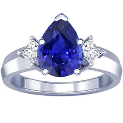 3 Steine Ring Birne Blauer Saphir & Prinzessin Diamanten 3 Karat Gold 14K