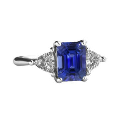 3 Steine Ring Blauer Saphir Smaragd & Trillion Diamanten 2,50 Karat