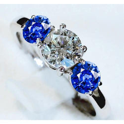 3 Steine Ring Aus der Erde Abgebauter Natürlicher Diamant & blauer Saphir 3,50 Karat Kathedrale Fassung