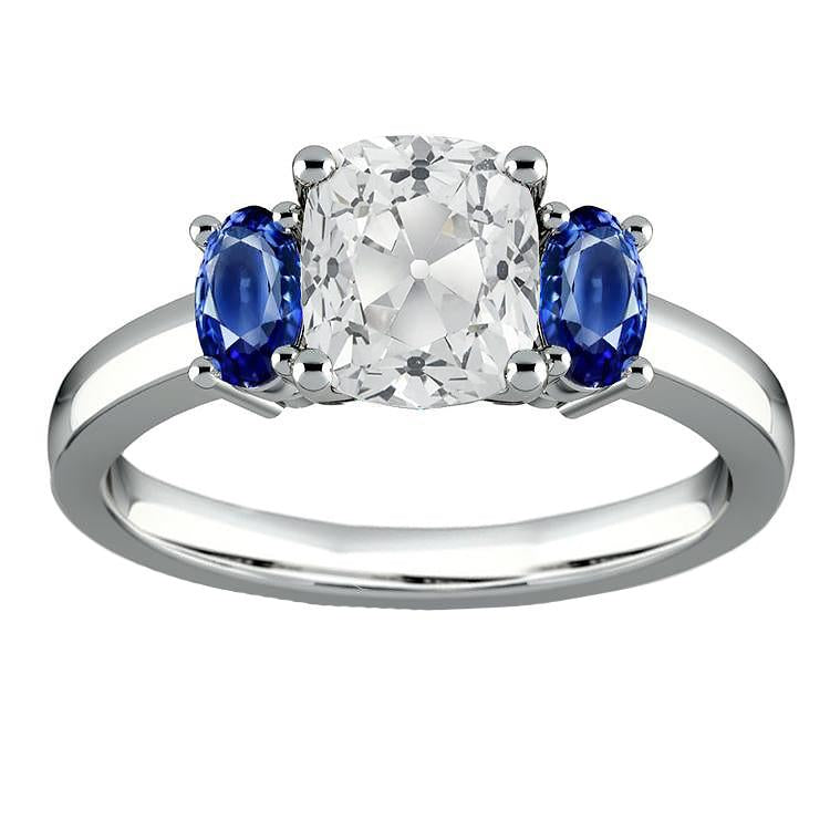3 Steine Ring Old Cut Kissen Diamant & Ovaler Saphir 6 Karat - harrychadent.de
