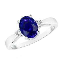 3 Steine Ring Oval Blauer Saphir & Diamant 4,75 Karat Konischer Schaft