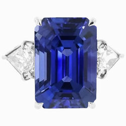 3 Steine Ring Smaragdblauer Saphir & Trillion Aus der Erde Abgebauter Natürlicher Diamanten 4,50 Karat Neu