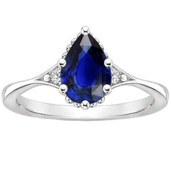3 Steine Ring Split Shank Birne Blauer Saphir & Aus der Erde Abgebauter Natürlicher Diamanten 3,25 Karat