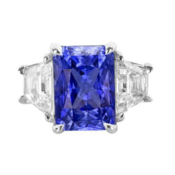 3 Steine Ring Trapezoid Aus der Erde Abgebauter Natürlicher Diamant & Ceylon Saphir 3,50 Karat Krappenset