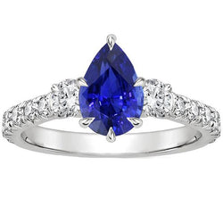 3 Steine Ring mit Akzenten Birnenblauer Saphir & Diamanten 3,50 Karat