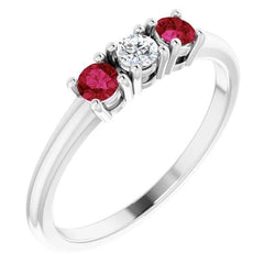 3 Steine Ring runder Aus der Erde Abgebauter Natürlicher Diamant Rubin 0,60 Karat Weißgold 14K