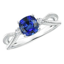 3 Steine Ringkissen Blue Sapphire Rope Style 2,25 Karat Split Shank