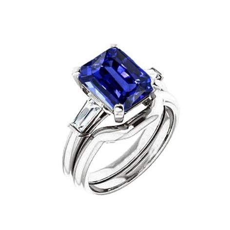 3 Steine Strahlend Blauer Saphir & Baguette Diamant Ring Set 1,75 Karat - harrychadent.de