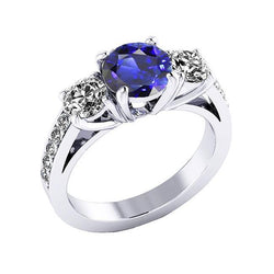 3 Steine Stil Aus der Erde Abgebauter Natürlicher Diamantring Rund Ceylon Saphir 2,50 Karat Weißgold
