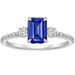 3 Steine akzentuierter Verlobungsring Ceylon Saphir & Aus der Erde Abgebauter Natürlicher Diamant 4,25 Karat