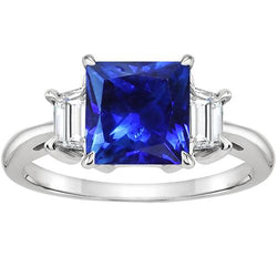 3 Steingoldring Princess Blue Saphir & Trapezoid Aus der Erde Abgebauter Natürlicher Diamanten 4 Karat