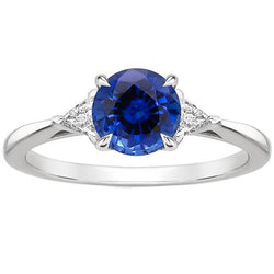 3 Steingoldring runder blauer Saphir & Billionen Diamanten 2,50 Karat