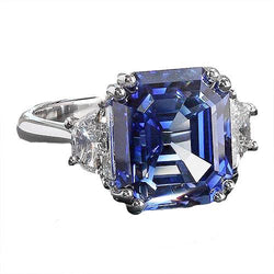 3 Steinring Trapezdiamanten mit Asscher Blue Saphir 5 Karat