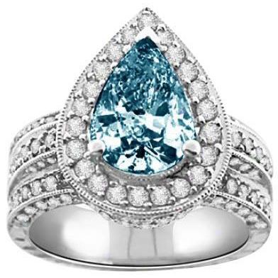 3 ct. Blaue Birne & weiße runde Aus der Erde Abgebauter Natürlicher Diamanten Ring Weißgold 14K Edelstein