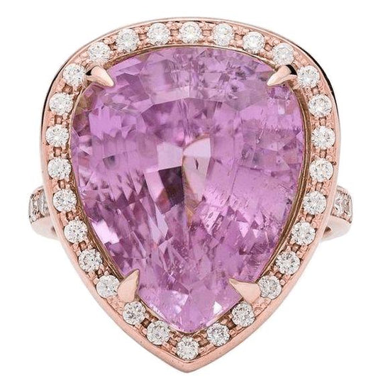 31 Karat Birnenschliff Kunzit mit Aus der Erde Abgebauter Natürlicher Diamantring 14K Gold Rose Neu
