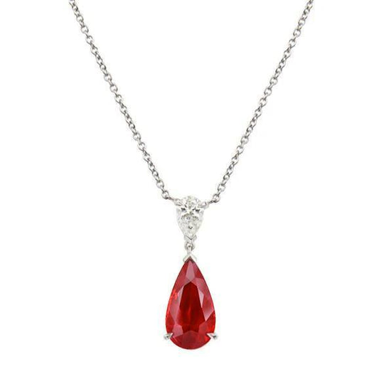 3,50 ct Birnenschliff Roter Rubin Aus der Erde Abgebauter Natürlicher Diamant Anhänger Halskette Weißgold