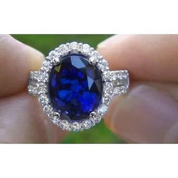 3,60 Karat Oval Blauer Saphir Diamant Ehering Weißgold 14K