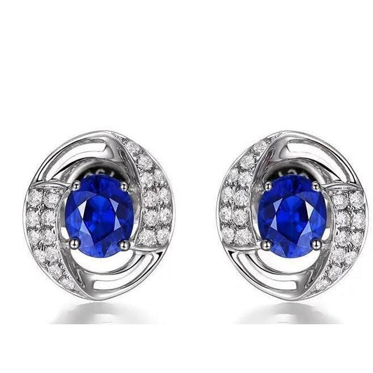3,60 Karat Saphir und Aus der Erde Abgebauter Natürlicher Diamant Damen Ohrstecker Weißgold 14K