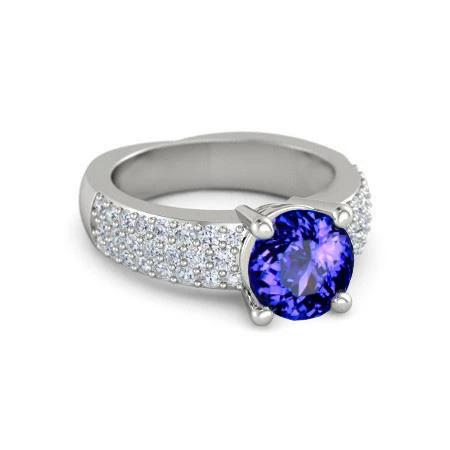 3,70 Karat Tansanit im Rundschliff mit Diamanten Ring Weißgold 14K - harrychadent.de