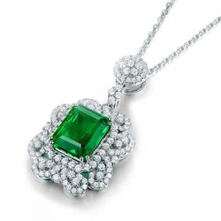 3,85 Karat Grüner Smaragd und Aus der Erde Abgebauter Natürlicher Diamanten Anhänger Halskette 14K Weißgold