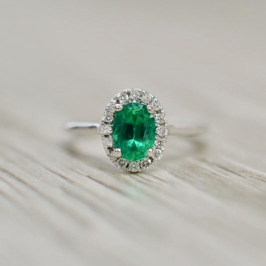 3.2 Kt Ovalschliff Grüner Smaragd Aus der Erde Abgebauter Natürlicher Diamant Ehering Weißgold 14K