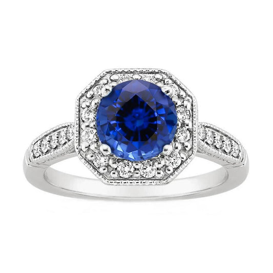 3.35 Karat Sri Lanka Saphir Halo Aus der Erde Abgebauter Natürlicher Diamanten Ring 14K Weißgold