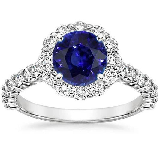 3.40 Karat Halo Saphir und Aus der Erde Abgebauter Natürlicher Diamant Verlobungsring Weißgold 14K