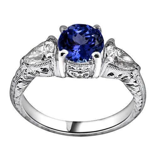 3.50 Karat Ring runder Tansanit und Trillion Aus der Erde Abgebauter Natürlicher Diamanten 3-Stein-Schmuck