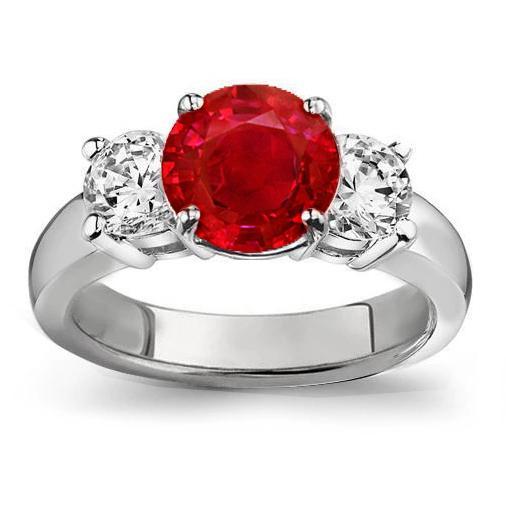 3.50 ct. 3 Steine Rubin und Aus der Erde Abgebauter Natürlicher Diamanten Ring Weißgold Krappenset