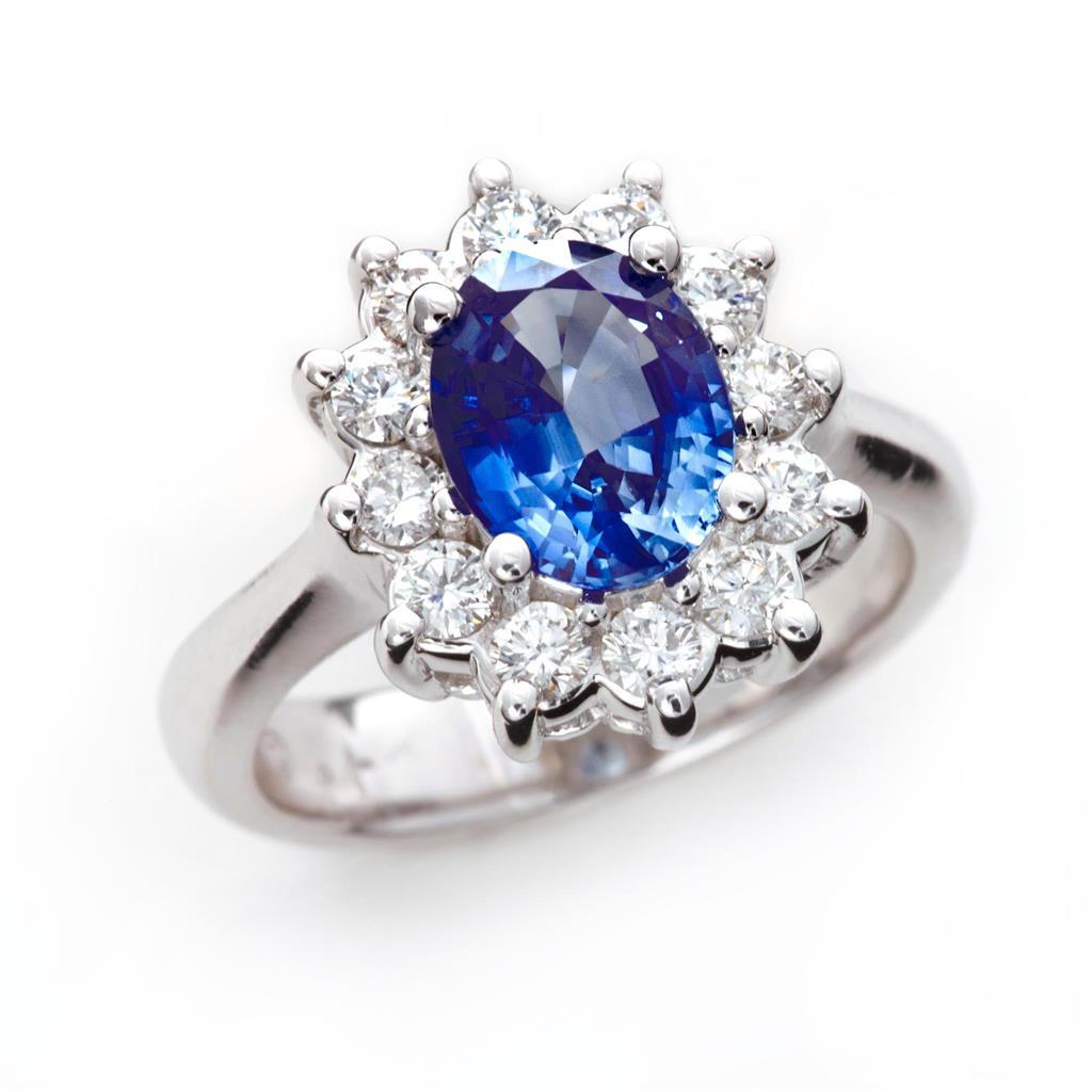 3.60 Karat Blauer Saphir Und Diamant Ring Blumenstil Weißgold 14K