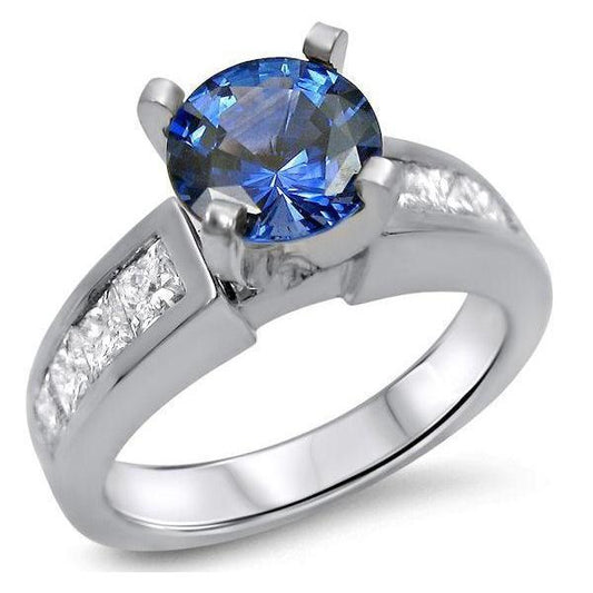 4 Karat Ceylon Blauer Saphir und Aus der Erde Abgebauter Natürlicher Diamanten Ring 14K Weißgold