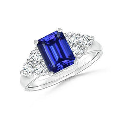 4 Karat Smaragdschliff Ceylonblauer Saphir und runder Diamant Ehering